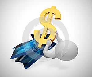 Spending dollars on a credit card causing bad debt - 3d illustration