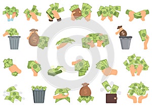 Spendthrift icons set cartoon vector. Waste bill