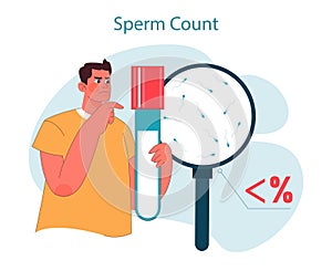 Sperm count. Concerned man evaluates his sperm count, looking at magnified