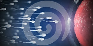 Sperm and egg cell on microscope. Scientific background.