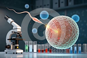 Sperm Fertilizing Egg Cell In Vitro Fertilization IVF Microscopic View AI generated.