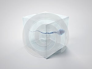 Sperm in ice cube on white background. 3D illustration.