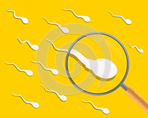 Sperm. Spermatozoa and a magnifying glass. Sperm analysis. Spermogram.