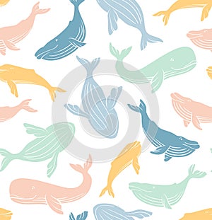 Sperm whale seamless pattern. Colorful whale background. Great underwater dweller. photo