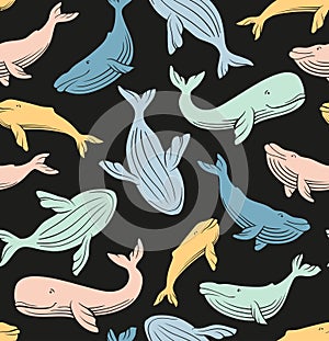 Sperm whale seamless pattern. Colorful whales vector on the black background.