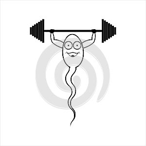 Spermatozoon with a barbell. Logo, character. Good and high quality male semen. Isolated vector illustration on white background.