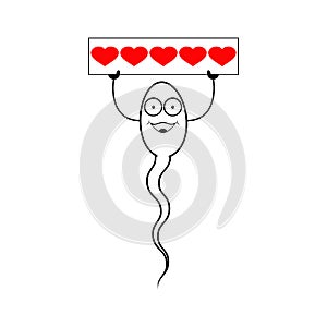 Spermatozoon character with face holding a sign board with red hearts. Isolated outline vector illustration, icon.