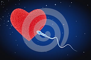 Spermatozoon going to the Ovule in Shape of Red Heart. 3d Rendering