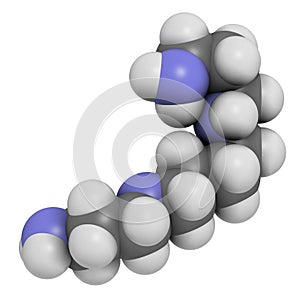 Spermine molecule. 3D rendering. Atoms are represented as spheres with conventional color coding: hydrogen (white), carbon (grey