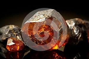 Spessartine is rare precious natural stone on black background. AI generated. Header banner mockup with space. photo