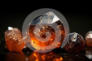 Spessartine is rare precious natural stone on black background. AI generated. Header banner mockup with space photo