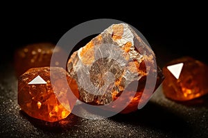 Spessartine is rare precious natural stone on black background. AI generated. Header banner mockup with space. photo