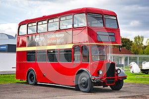SPEYER, GERMANY - OCTOBER 2022: red AEC Routemaster 1954 British double-decker bus from London in the Technikmuseum Speyer