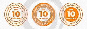 SPF 10 sun protection UVA and UVB vector icons. SPF 10 low UV protection skin lotion, cream package label