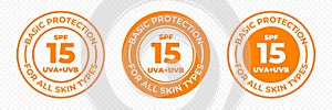 SPF 15 sun protection UVA and UVB vector icons. SPF 15 basic UV protection skin lotion and cream package label