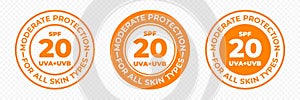 SPF 20 sun protection, UVA and UVB vector icons. SPF 20 moderate medium UV protection skin lotion, cream package label