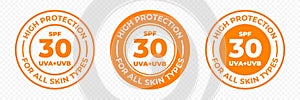SPF 30 sun protection, UVA and UVB vector icons. SPF 30 high UV protection skin lotion and cream package label
