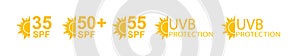 SPF 50 icon. Sun protection for skin. UVA UVB sunscreen protection. SPF icon for or skin cosmetics packaging. Vector
