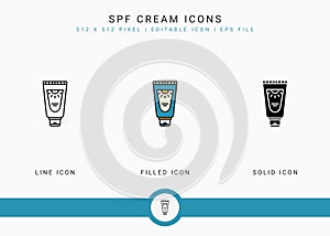 SPF Cream icons set vector illustration with solid icon line style. Ultraviolet protection concept.