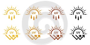 SPF Protection, Sunscreen Lotion Icon Set. Sunblock Cream Label. Skin Protect, Danger UV Sunlight Pictogram. Block Solar