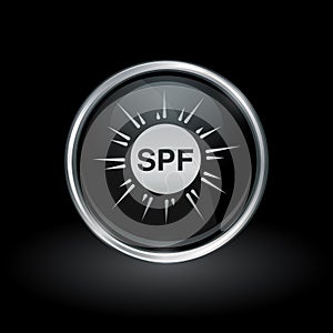 SPF sun health icon inside round silver and black emblem