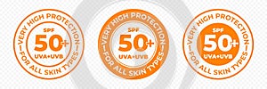 SPF 50 sun protection, UVA and UVB vector icons. SPF 50 PLUS high sunblock, skin UV protection lotion and cream package label photo