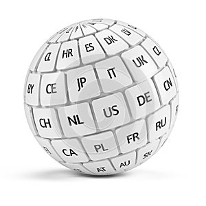 Sphere of cubes with countries isolated on white. Global internet, technology, translate languages, business concept