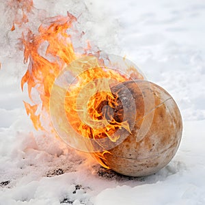 Burning sphere in fire isolated on white background