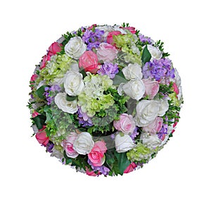 Artificial sphere of flower arrangement and decoration in ball shape isolated on white background for wedding and romantic theme d