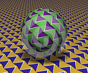 Sphere hovers above the surface. Abstract objects with arrows pattern. Vector optical illusion illustration