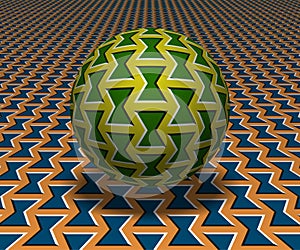 Sphere hovers above the surface. Abstract objects with bow shapes pattern. Vector optical illusion illustration