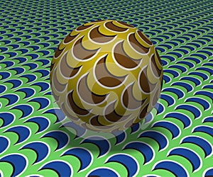Sphere hovers above the surface. Abstract objects with sickle shapes pattern. Vector optical illusion illustration