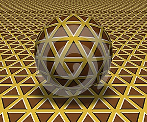 Sphere hovers above the surface. Abstract objects with triangles pattern. Vector optical illusion illustration