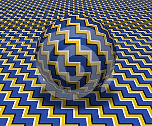 Sphere hovers above the surface. Abstract objects with zigzag stripes pattern. Vector optical illusion illustration