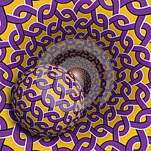 Sphere moves in a hole with interlacement pattern. Vector purple golden optical illusion abstraction photo
