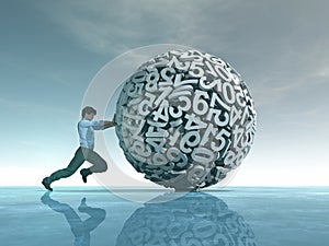Man pushing a sphere of numbers