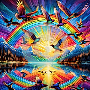 Sphere of rainbow birds in sunlight