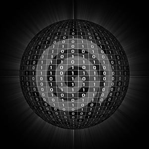 Sphere of random binary numbers isolated on black background - binary code for digital data in security business concept