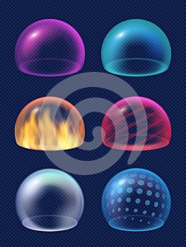 Sphere shield. Protective energy safety circles reflection geometrical transparent shapes decent vector realistic
