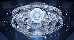 Futuristic glowing sphere surrounded by orbiting rings and particles in a dark space