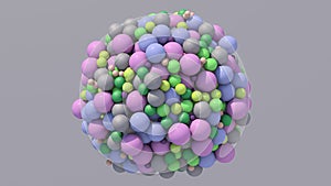 Sphere with violet, green, blue, beige, gray balls. Abstract illustration, 3d render