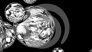 Spheres on black background Looped Flowing balls like glass or scratched ice with reflections