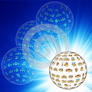 Spheres on a blue background with emoticons surrounding them photo