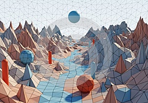 Spheres and cylinders in blue and orange add abstract elements