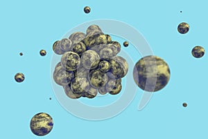 Spheres with the textured surface, random distributed, 3d rendering