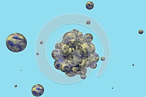 Spheres with the textured surface, random distributed, 3d rendering