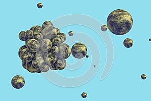 Spheres with the textured surface, random distributed, 3d rendering