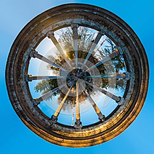 Spheric panorama of rotunda of abandoned restaurant on Mount Akhun