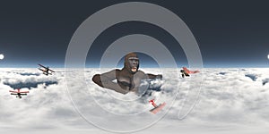 Spherical 360 degrees seamless panorama with giant gorilla and biplanes