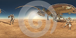 Spherical 360 degrees seamless panorama with huge spacecraft and robots in a desert landscape